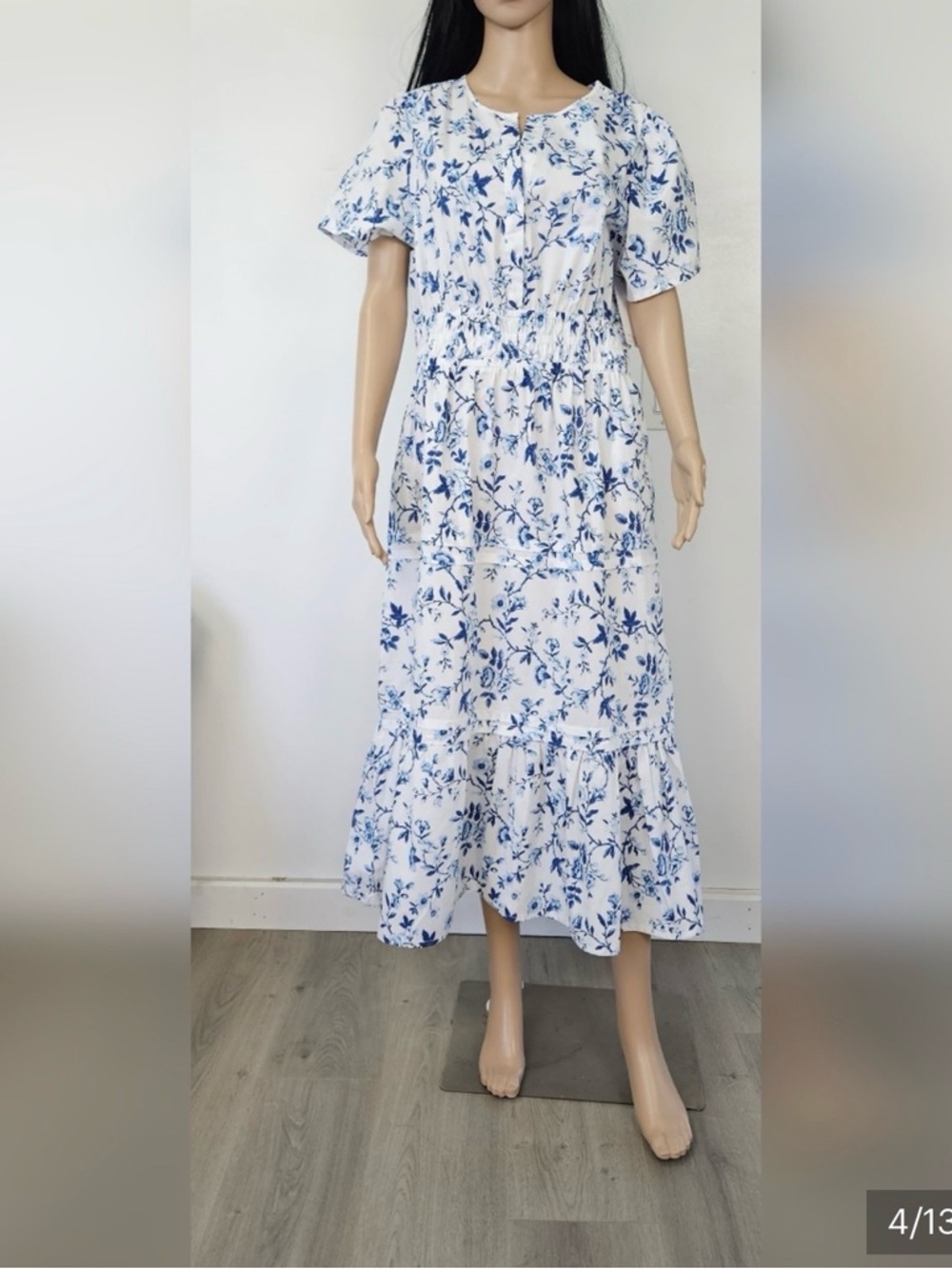French Connection White Maxi ( or Midi) Dress with Blue Floral Print NWT LARGE - Picture 2 of 8